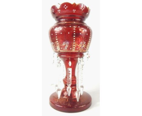 A Victorian ruby tinted table lustre, with gilt and raised white decoration, 34cm high