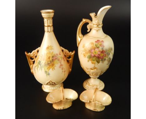 Four items of Royal Worcester blush ivory ground porcelain, to include a two handled vase decorated with flowers and an urn a