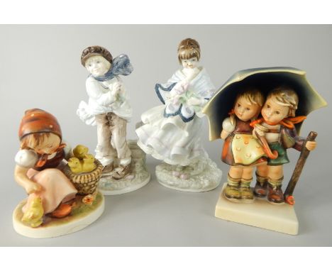 A Coalport figure, Visiting Day, number 8025, printed marks beneath, 19cm high, another similar The Boy and two Goebel Hummel