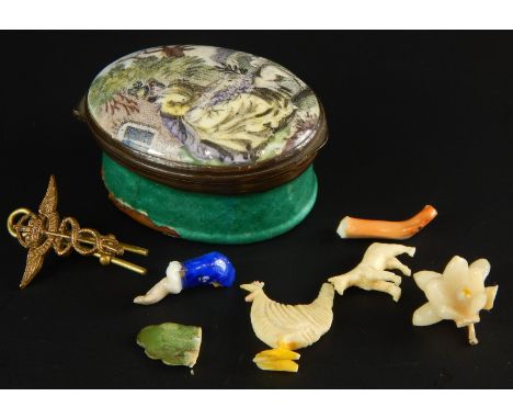 A late 18th/early 19thC Staffordshire enamel patch box, the lid decorated with a lady beside a dog within a landscape, the ba