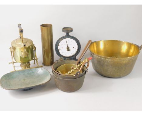 A quantity of brass and other metalware, to include a kettle on stand, a set of scales, a preserve pan etc.