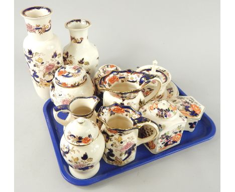 Various Mason's Mandalay pottery, to include shouldered vase, 27cm high, graduated jugs, lidded tea canister, ring stand, gra