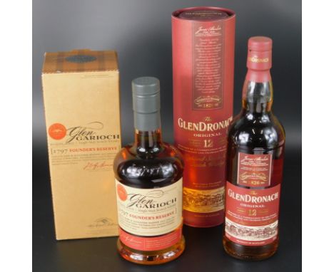 Two bottles of Scotch whisky, the Glendronaich Original, aged twelve years and the Glengaioch 1797 founder's reserve, both bo