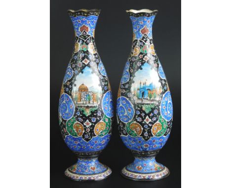 A pair of Persian Minikari style enamel vases, each decorated with religious type buildings or palaces within elaborate flora