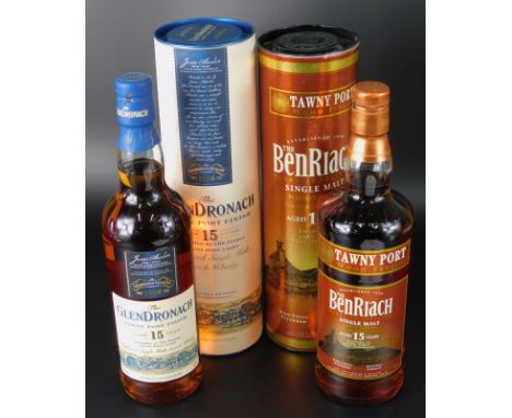 Two bottles of Scotch whisky, the Benriach single malt aged fifteen years, and the Glendronach tawny port finish, aged fiftee