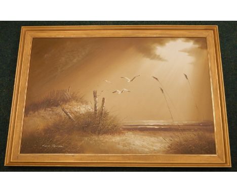 Phillip Sander.  Sea gulls up on a coastline, oil on canvas, 60cm x 90cm.