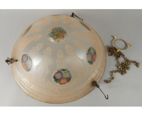 An early 20thC acid etched glass light fitting, decorated with coloured floral roundels, 36cm diameter
