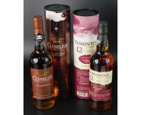 Two bottles of Scotch whisky, Tomintoul twelve years matured limited edition port wood finish and Clynelish Scotch whisky dou