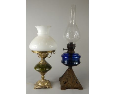 An early 20thC table lamp, with clear glass funnel, metal and blue glass stem and shaped foot, cast with a squirrel, 52cm hig