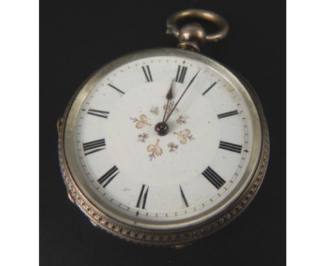 A silver fob watch, with white enamel dial, and central gold coloured floral motif, in fitted case. 