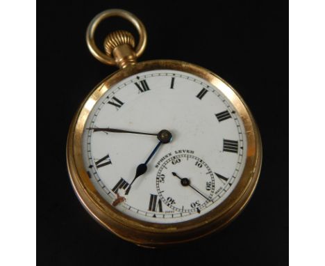 A pocket watch, with white enamel dial, seconds dial, lacking glass, bezel wind, Roman numerals, in yellow metal case, unmark