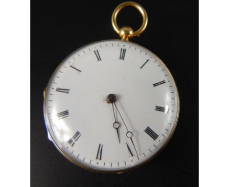 A continental fob watch, with white enamel dial and Roman numerals, internal case marked H Chappement, Trous En Rubis, yellow