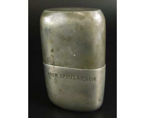 A 19thC small pewter flask, stamped to the base AROM, SPIRIT. AMMON to underside, Maw London numbered 1380, 10cm high Provena