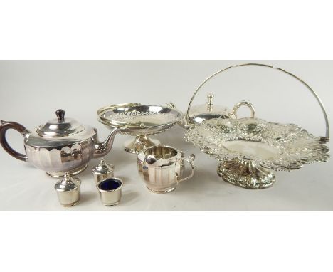 Various silver plate etc., tankard, footed serving basket, heavily repoussé and part pierced with a floral and scroll outline