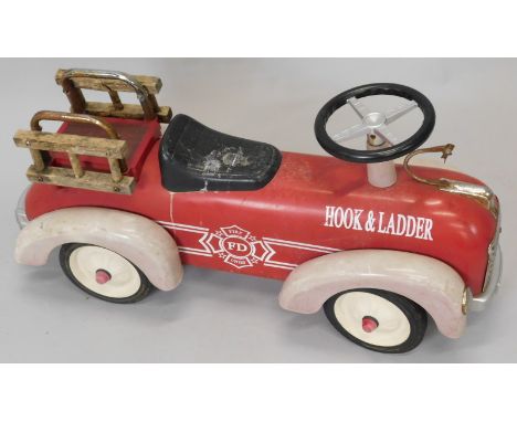 A retro style Hook & Ladder fire chief push-a-long toy car, in pressed metal, with plastic bumpers, chrome fittings etc., 74c