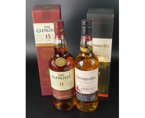 Two bottles of Scotch whisky, Stronachie, twelve years old matured in oak single batch release and Glenlivet, fifteen years o