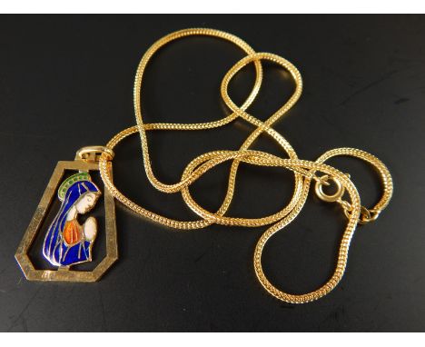 An 18ct gold pendant and chain, the pendant of lady praying, with red, green, blue and white enamel, on articulated chain, 9.