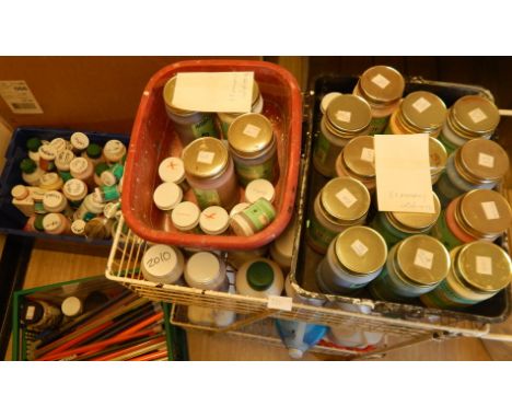 A quantity of ceramic glazes, mainly opened and part used bottles, to include a number supplied by Amaco, various colours, et