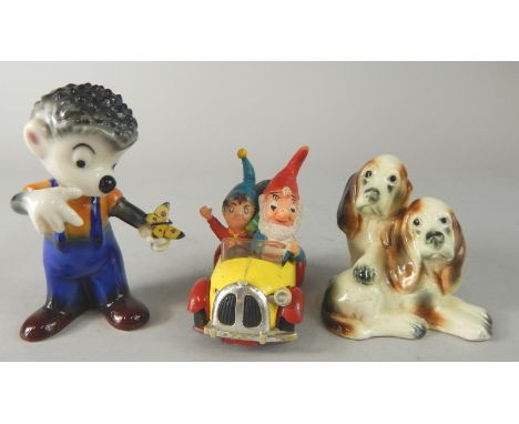 A Goebel figure of a hedgehog figure, with a butterfly (AF), a pair of Goebel dogs and a Corgi Noddy car