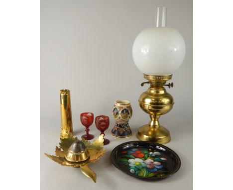 Various metalware etc., two Bohemian style drinking glasses in red and clear glass, 11cm high, oil lamp with frosted shade, s