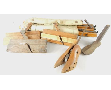 A quantity of wooden block and moulding planes, and an army style folding bed or stretcher etc.