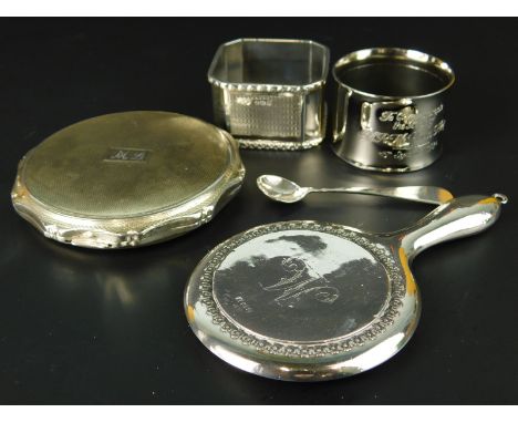 A collection of small silver, to include an engine turned compact inset with a mirror, a hand mirror engraved with initial M,