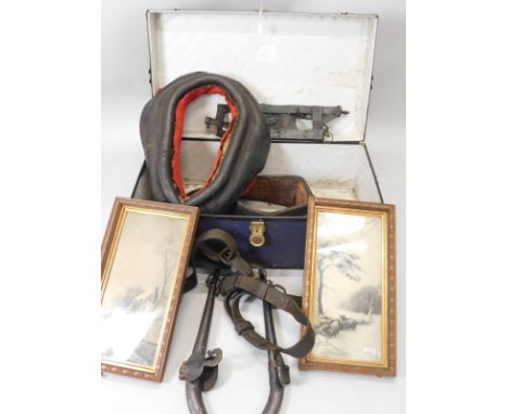 A collection of horse related and other items, to include a leather collar, other items of harness, hames, some pieces applie
