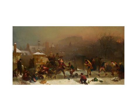  JOHN RITCHIE (SCOTTISH 1828-1905) STREET SCENE ON A WINTER DAY - A SLIDE Signed and dated 1854, oil on canvas 61cm x 112cm (