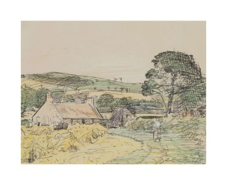  GEORGE LESLIE HUNTER (SCOTTISH 1877-1931) A FIFE LANDSCAPE Signed and dated '24, pen and ink and coloured chalk 25.5cm x 33c