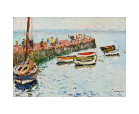  GEORGE LESLIE HUNTER (SCOTTISH 1877-1931) FIGURES ON THE PIER, LARGO Signed, oil on panel 19.5cm x 29cm (7.75in x 11.25cm) A