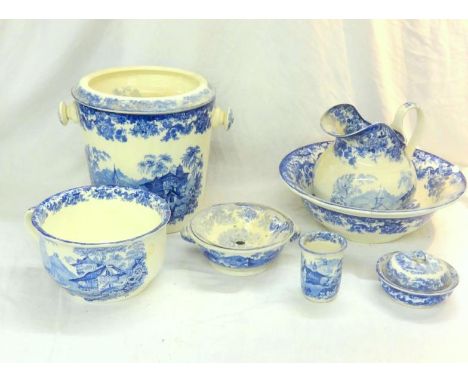 Mintons Blue & White Bathroom Set: pitcher, basin, chamber pot, slop bucket, soap dish with drainer, toothbrush holder (7) 