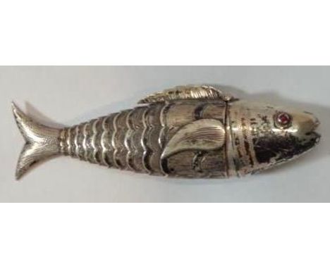 Silver Articulated Fish Opium Container with hinged head, ruby eyes, Dutch, old duty stamp, date letter 1847? 