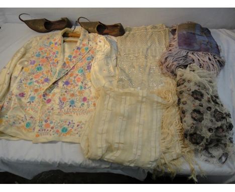 Ladies Silk Blouse embroidered with flowers & trailing leaves, gilt metallic stole with bands of figures & buildings, tie dye