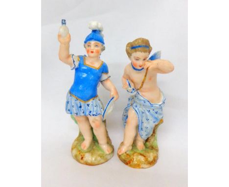 Pair Late C18th/Early C19th Meissen Porcelain Figures: cherub dressed as Roman soldier with shield wearing blue tunic & white