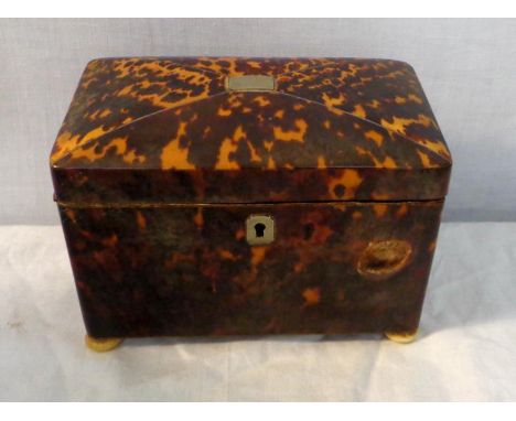 Early C19th Tortoiseshell 2 Division Tea Caddy on turned flattened ivory supports, hinged lid with 2 internal divisions 