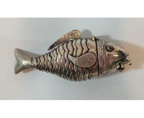 Articulated Silver Fish Opium Container, wide body with hinged head, set ruby eyes, hinged mouth with further compartment, va