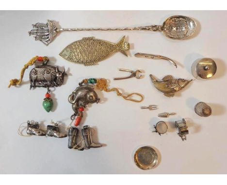 Miniature Silver Items: C18th Dutch Ice Skate, Bowl, Rickshaw, Riding Boots, Thimble, Shoes, Tweezers, Drum, Gardening Fork &