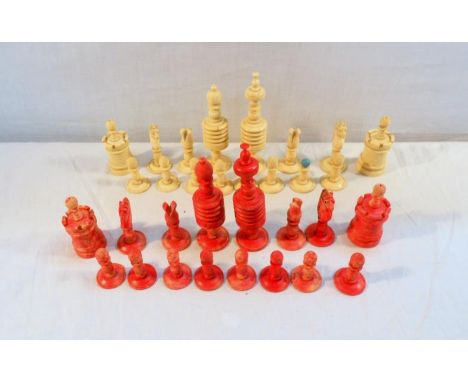 C19th Carved Stained Ivory Chess Set on circular bases, carved ring & turned pieces, queen approx. 5 1/4" H 