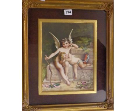 Fine C19th Porcelain Plaque Cupid with quiver of arrows, bow resting on architectural feature in garden with small winged chi