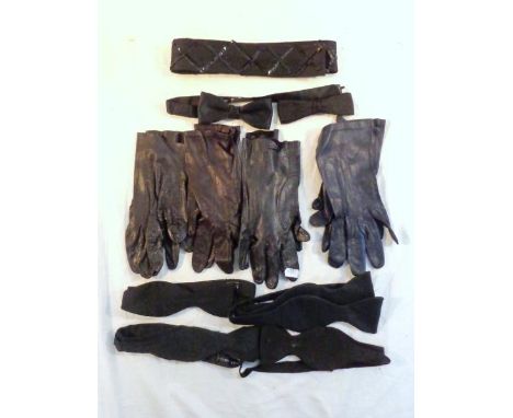 Ladies Dark Brown Kid Gloves, black sequinned cloth belt & bow ties 