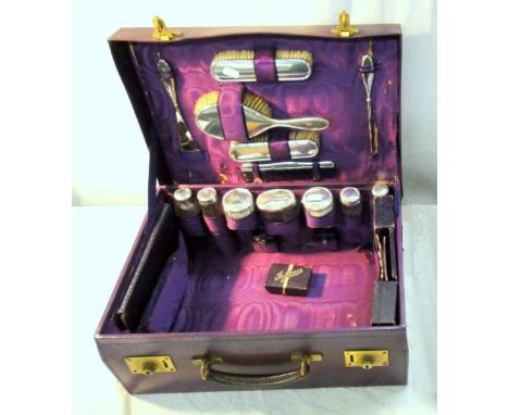 Early C20th Silver & Glass Fitted Travelling Case, London 1914, inc. scent bottles, toothbrush holders, soap holders, toilet 