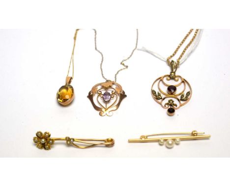 A selection of jewellery, including: two Edwardian amethyst pendants on chain; a citrine pendant on chain; an Edwardian seed 