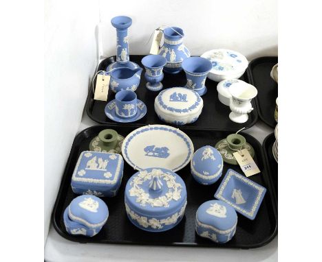 A collection of Wedgwood Jasperware ceramics, including: pale blue sprigged coffee cup and saucer; pale blue sprigged trinket