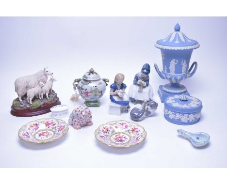 A selection of decorative ceramics, including: Royal Copenhagen figure of a girl; Royal Copenhagen figure of a cat; a Chinese