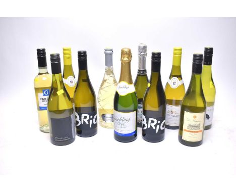 A selection of bottles of white and sparkling wine, including: Macon-Villages Chardonnay, 75cl (x2); The Black Pig Viognier, 