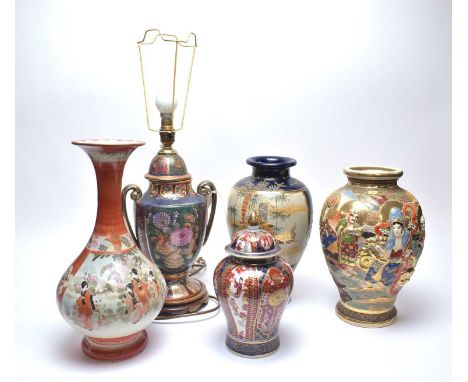 A collection of Oriental ceramics, including: Japanese Satsuma vase, decorated with figures in relief, 30cms high; together w