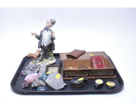 Assorted collectibles, including: three various compasses, the largest 7.5cms wide; Chad Valley poker dice set, in box; sewin