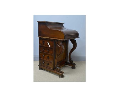A Victorian-style mahogany Davenport, with rising top, fitted pigeonholes, above a hinged folding cover enclosing pull-out fi