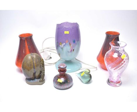 A collection of decorative glass and ceramic wares, including: art glass table lamp, in shades of purple and pale blue, 25cms