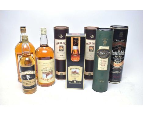 A selection of bottles of whisky, including: Aberlour Single Highland Malt Scotch Whisky, 10 Years Old, in tube (x2); Glengoy